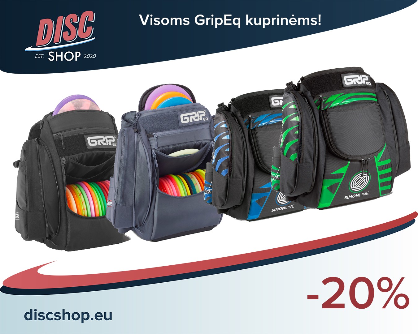 -20% visoms GripEq diskgolfo kuprinėms!